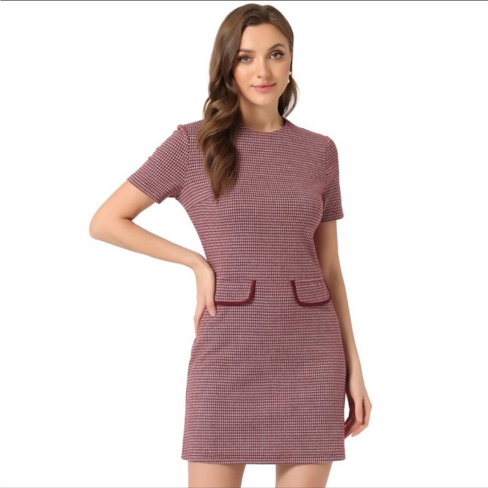 Elegant Burgundy Houndstooth Dress